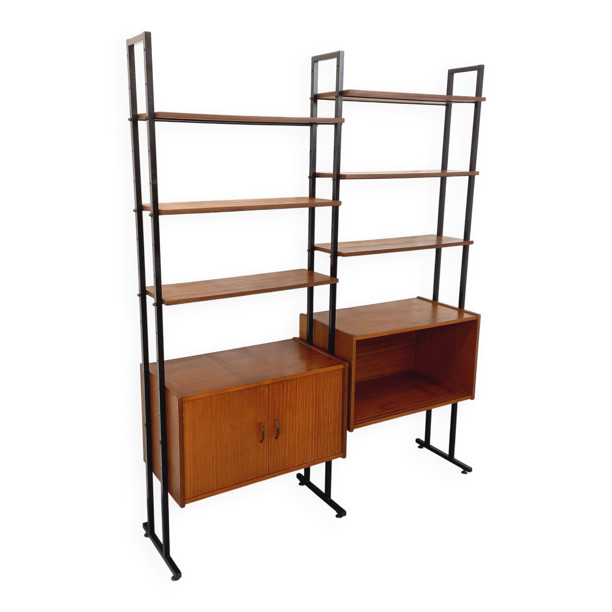 Vintage Italian double modular bookshelf in teak and metal.