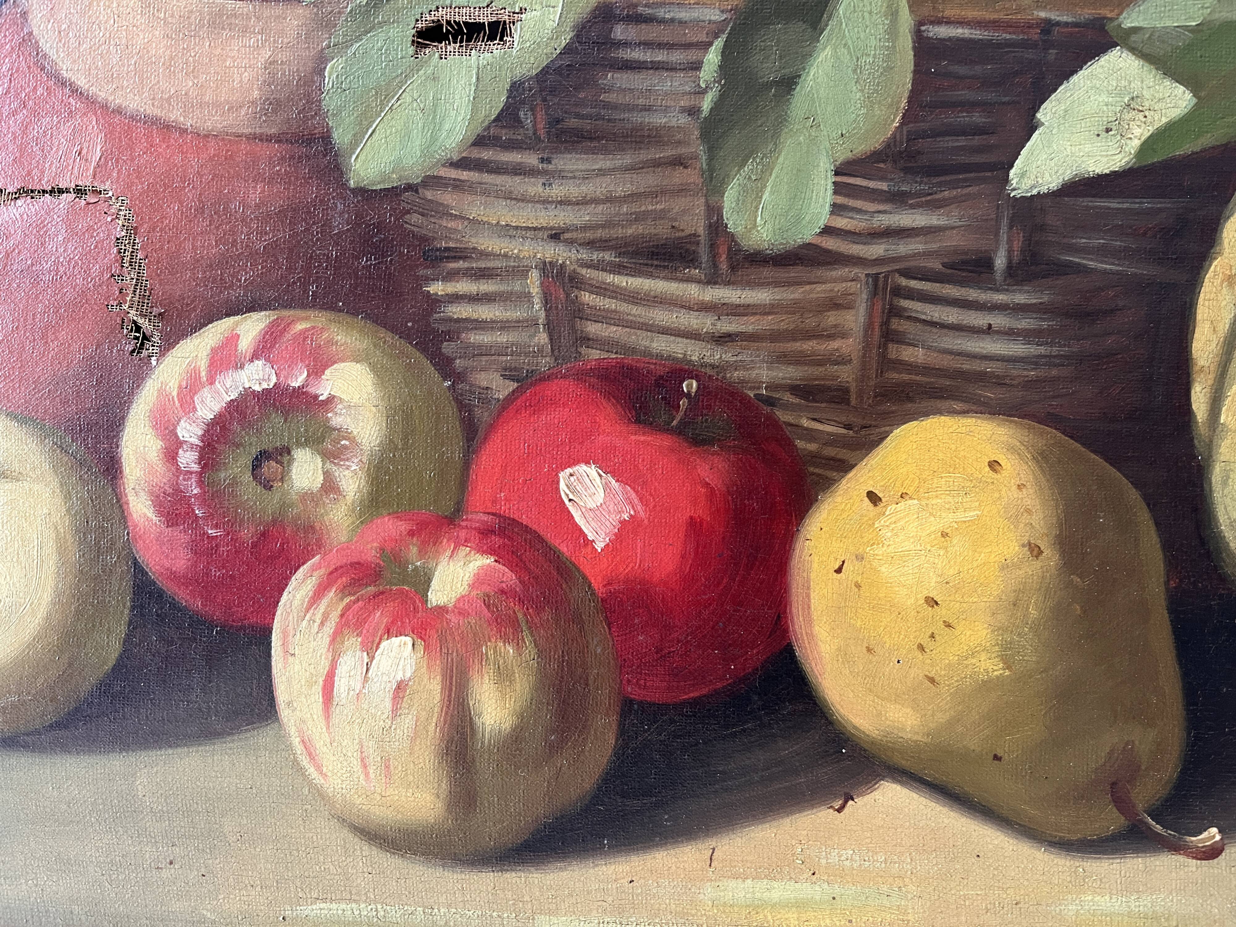 Peinture de nature morte à l'huile sur toile 1900, tableau melon et fruits