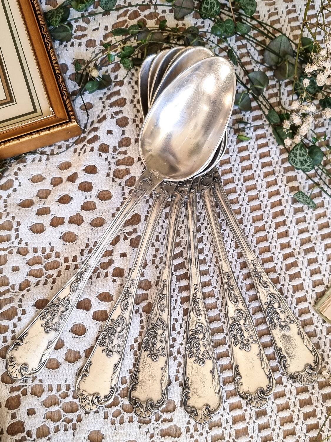 6 silver-plated metal soup spoons, 12g, art nouveau