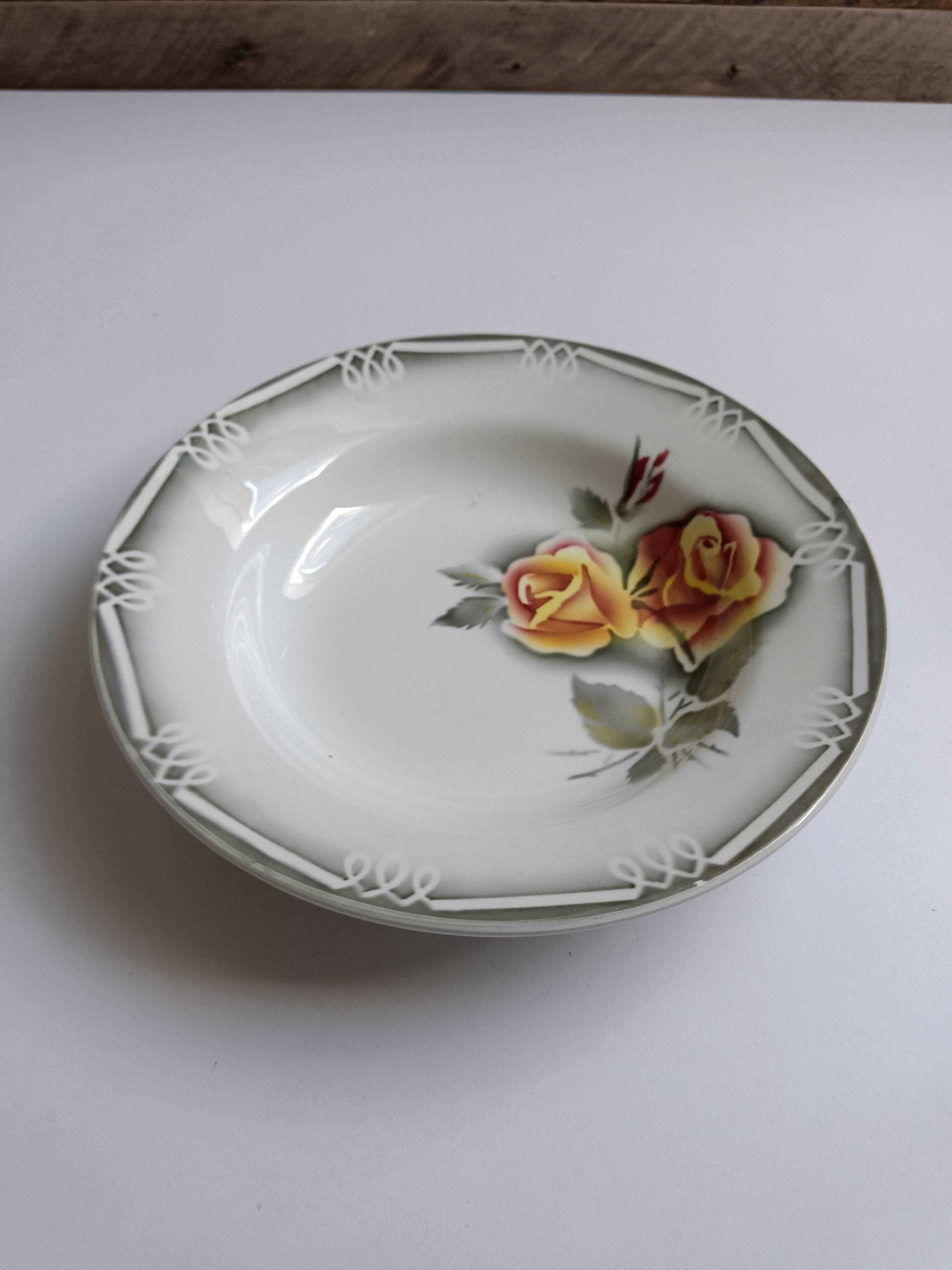 3 assiettes Digoin Sarreguemines Adèle gris jaune et bordeaux
