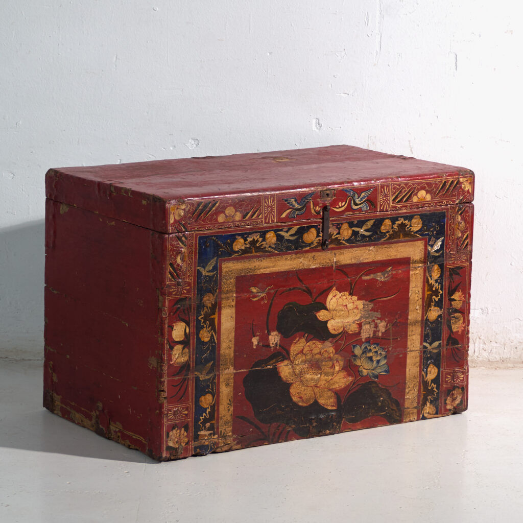 Antique chest painted vermilion red made of pine – China, circa 1900