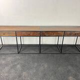 Console in old wood and metal base with 4 drawers