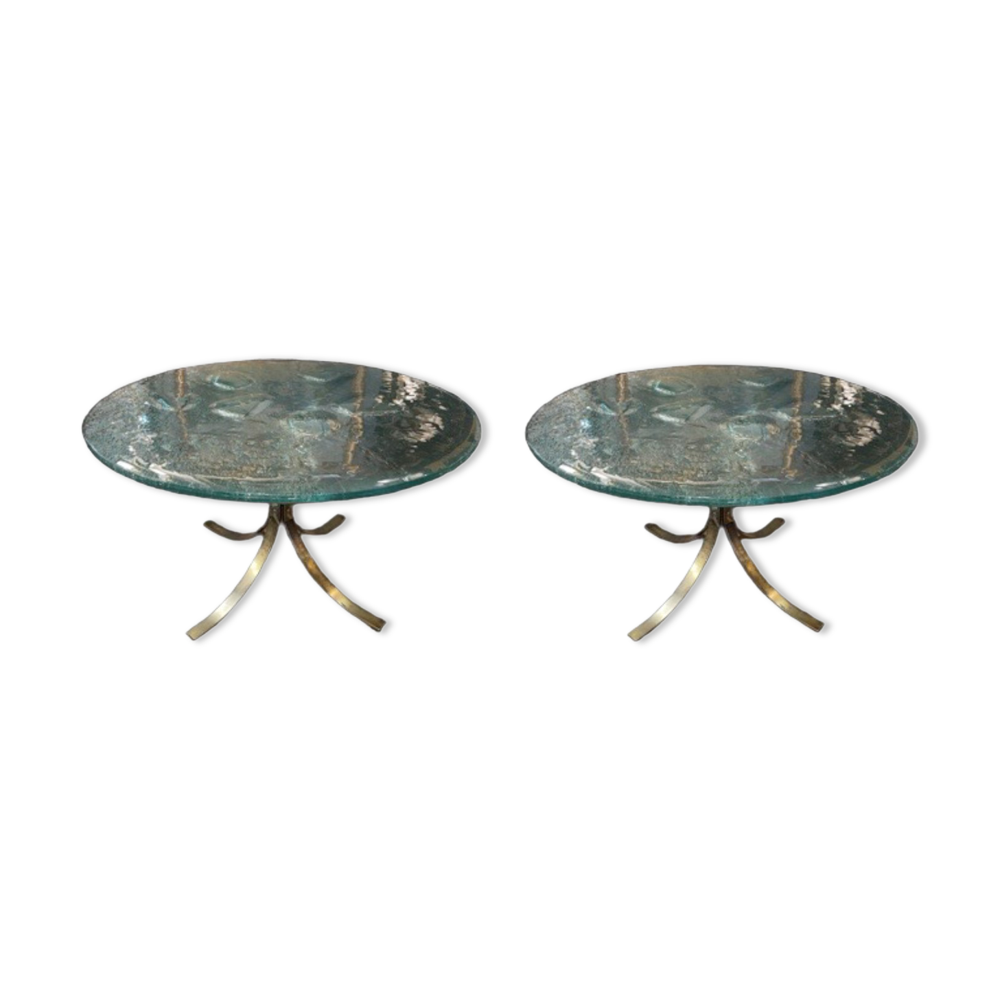 Pair of round coffee tables, glass, ca 1970