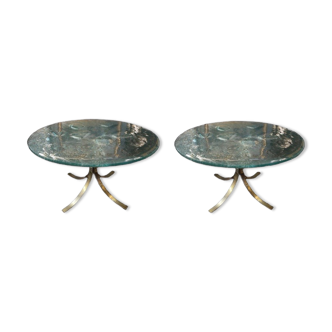 Pair of round coffee tables, glass, ca 1970