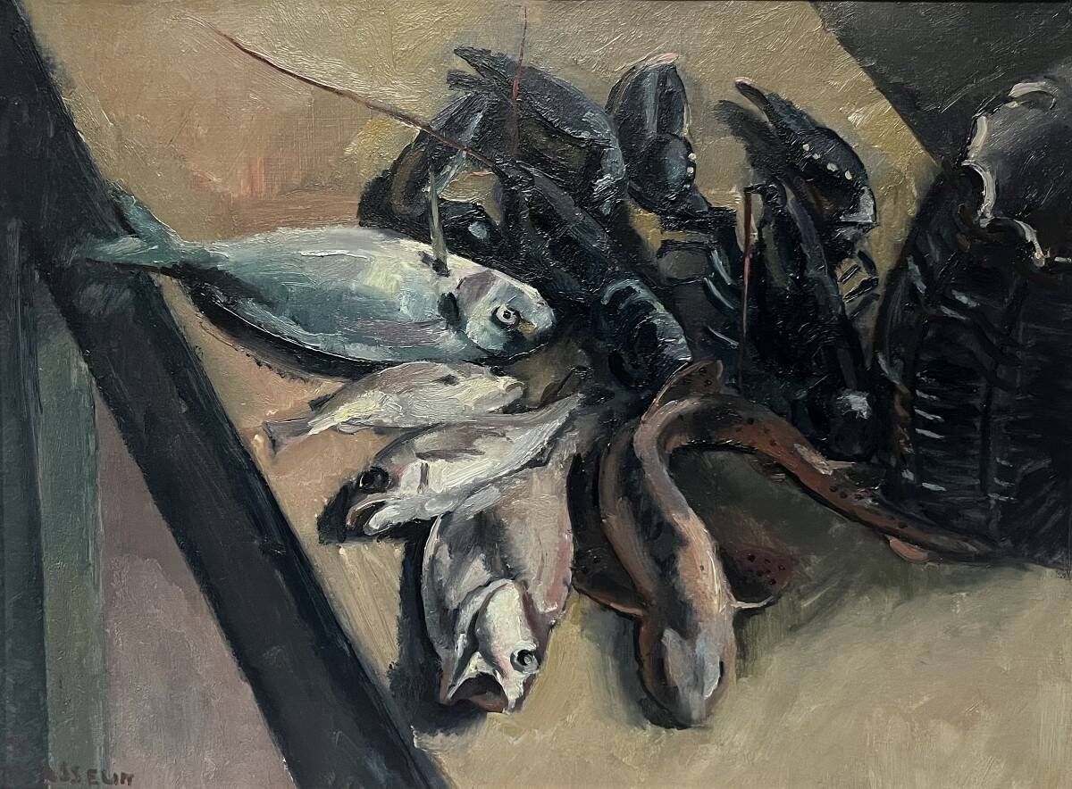 Still life with lobsters and fish, oil on canvas signed