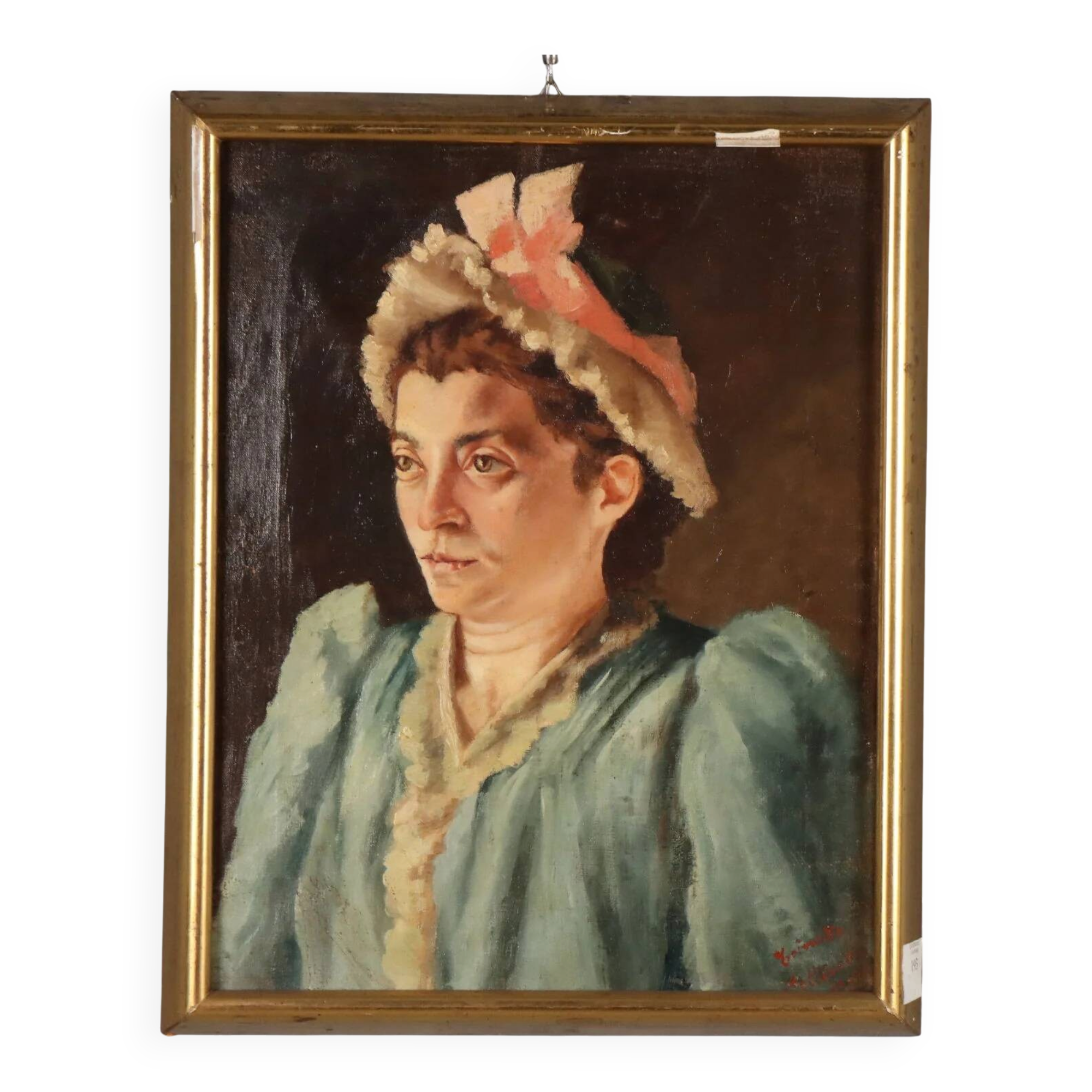 Old painting, female portrait, oil on canvas, Italy, 1892
