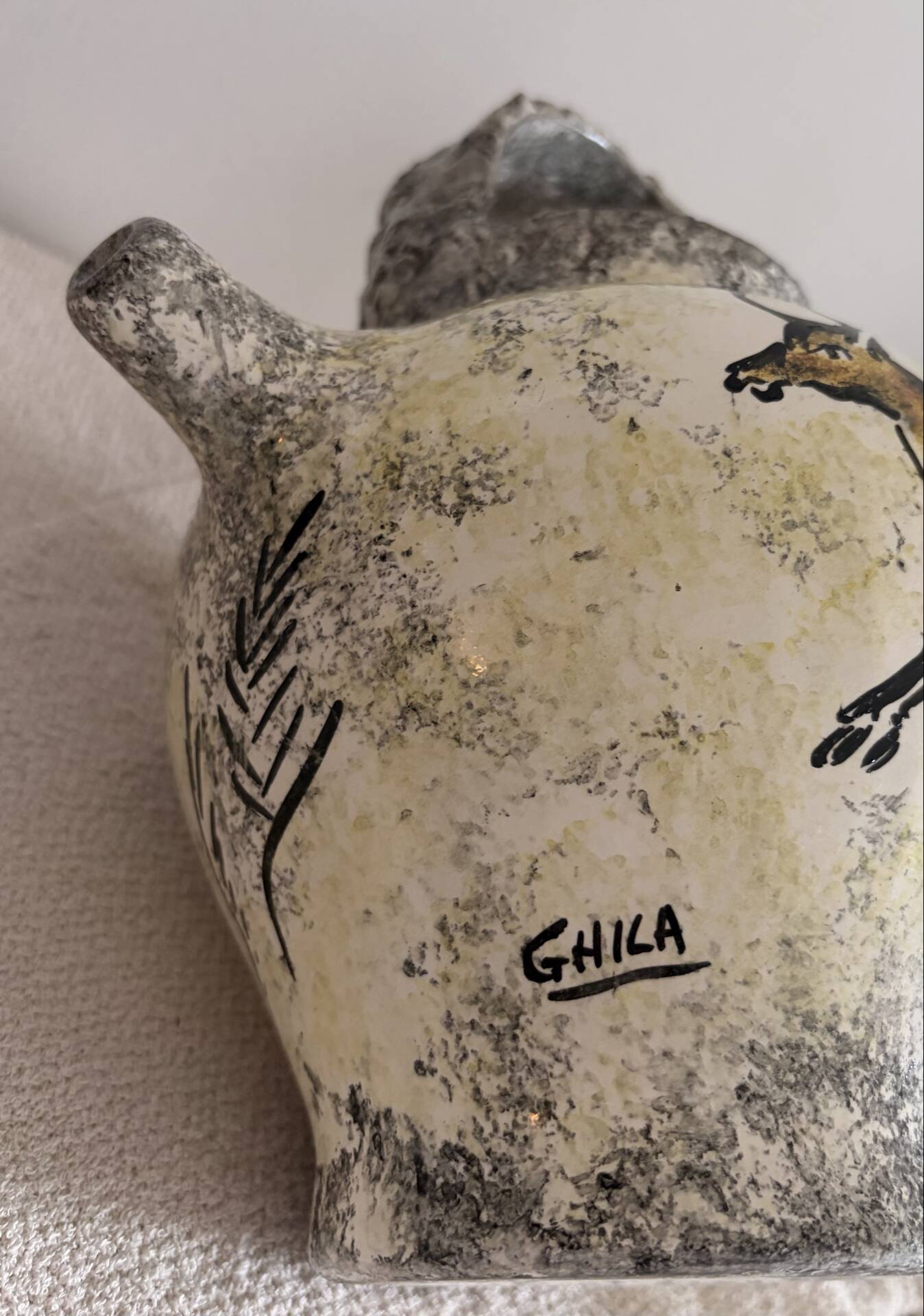 Vintage French Studio Ceramic Pitcher by Ghila – Lascaux Cave Art Styl