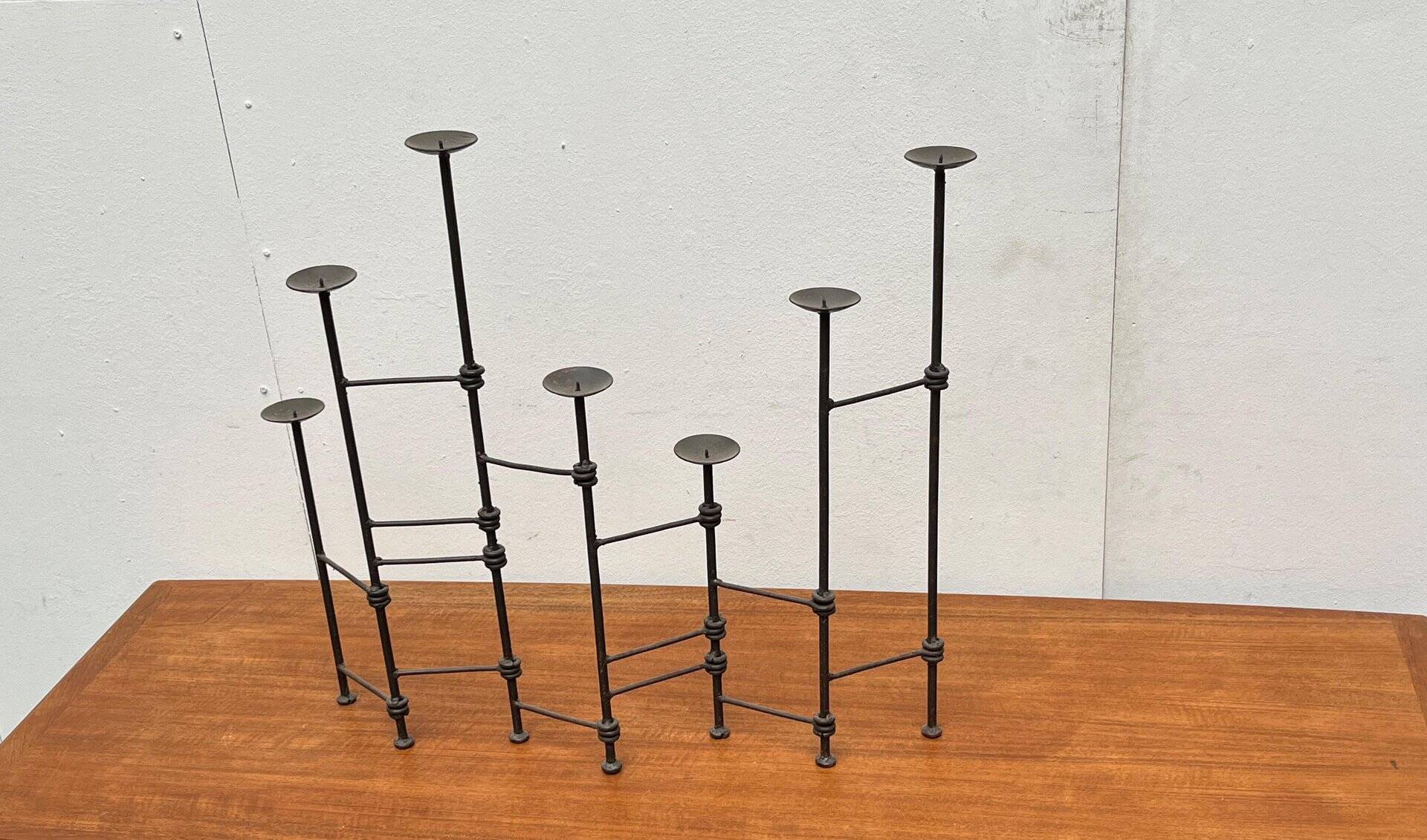 Mid-century brutalist extendable wrought iron floor chandelier, 1960s.