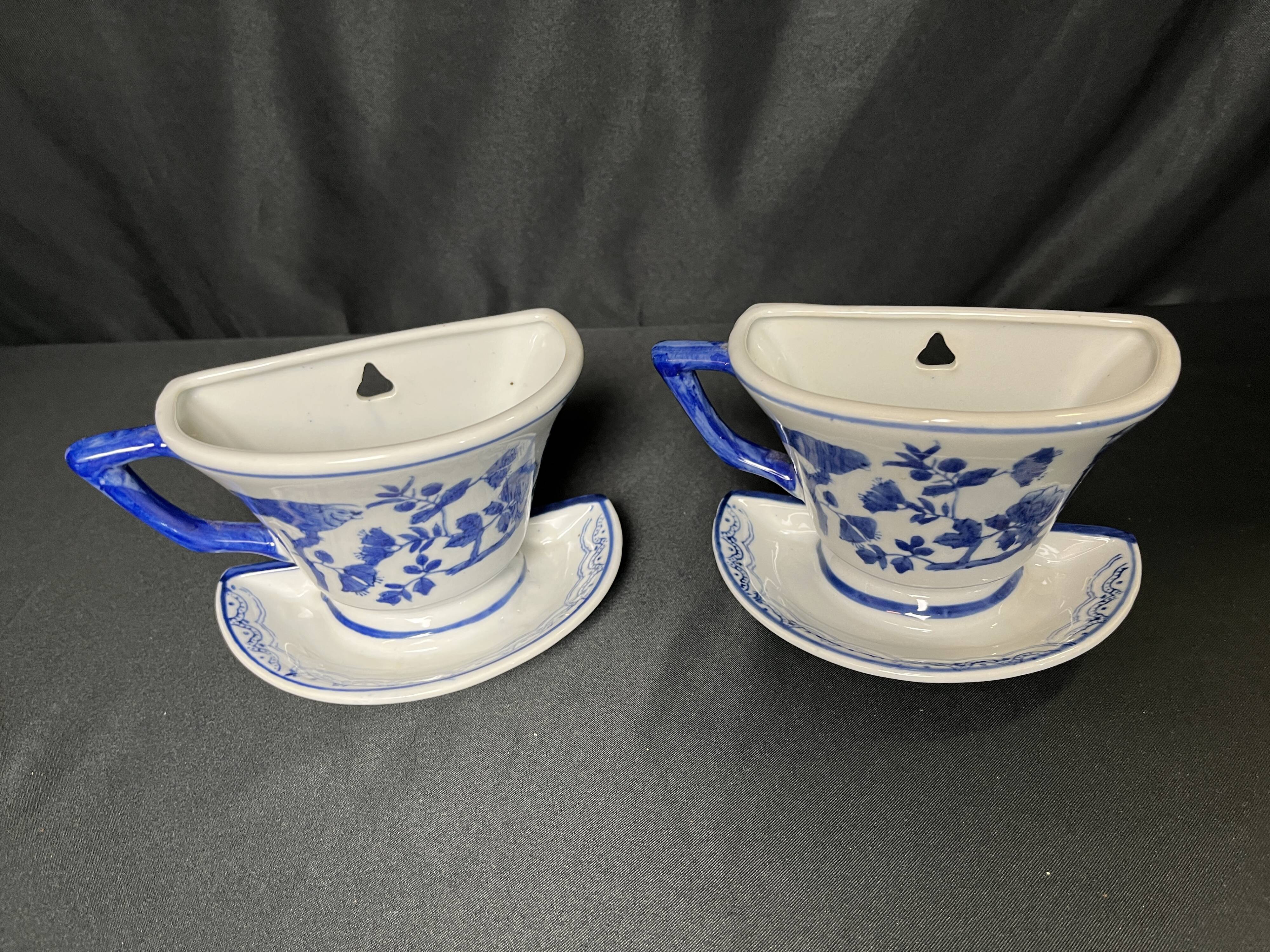Set of white and blue porcelain flower cups from the early 20th century