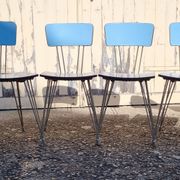 Large blue formica table, SIF brand, vintage, eiffel legs, and its 6 chairs, 50s