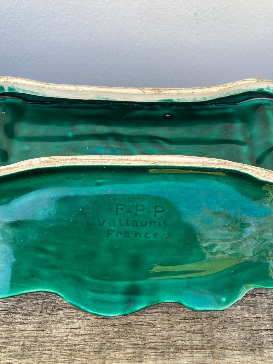 Vallauris dish in vintage asparagus green ceramic slip