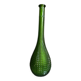 Green glass bottle, large neck and diamond point relief