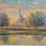 Table Painting Old landscape signed circa 1960