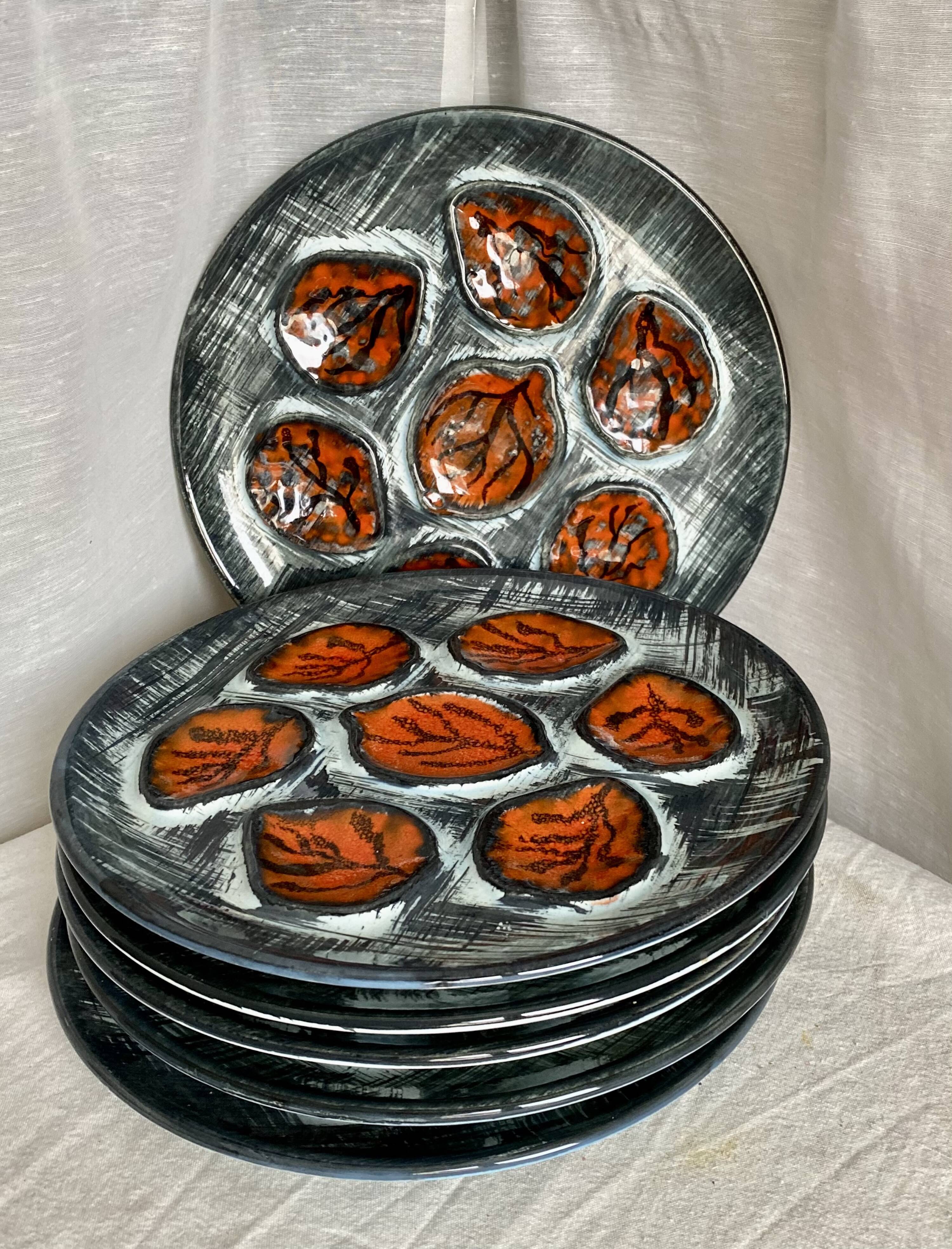Set of 6 vintage oyster plates, earthenware, 1960s