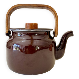 Scandinavian teapot, enameled iron and wood