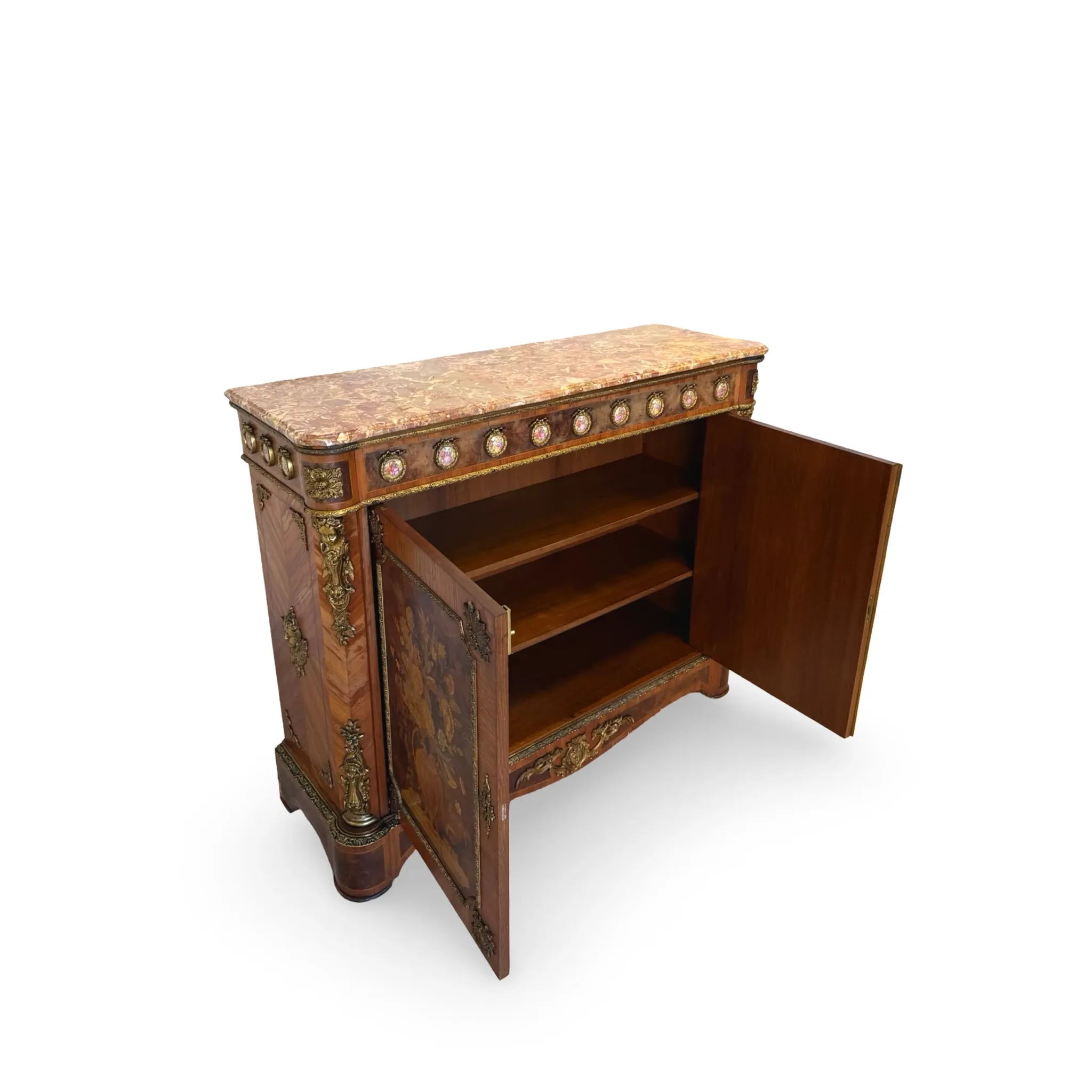 An antique French Louis XVI-style marble-top side cabinet