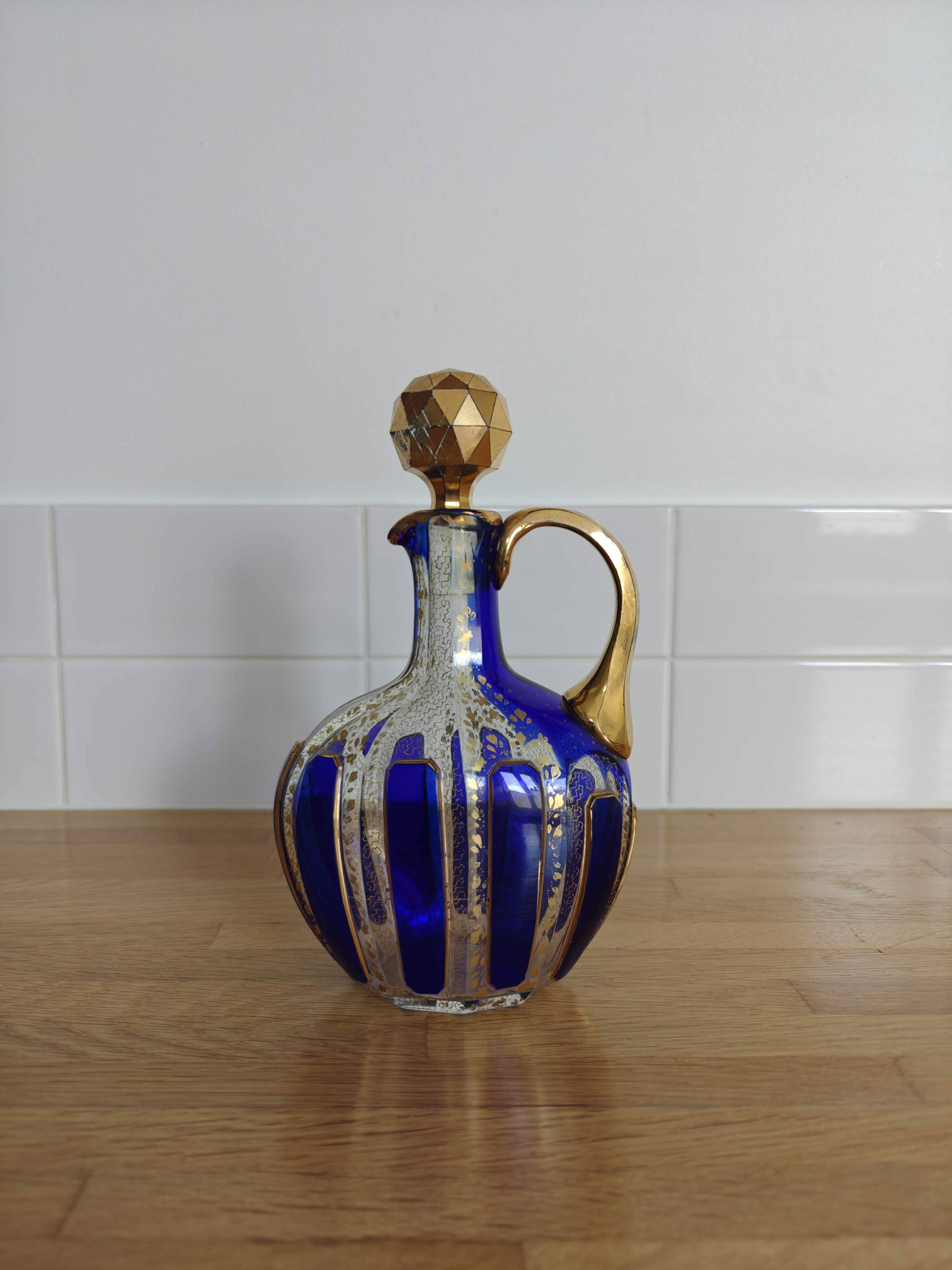 Vintage Moser style carafe / flask, cobalt blue and gold.