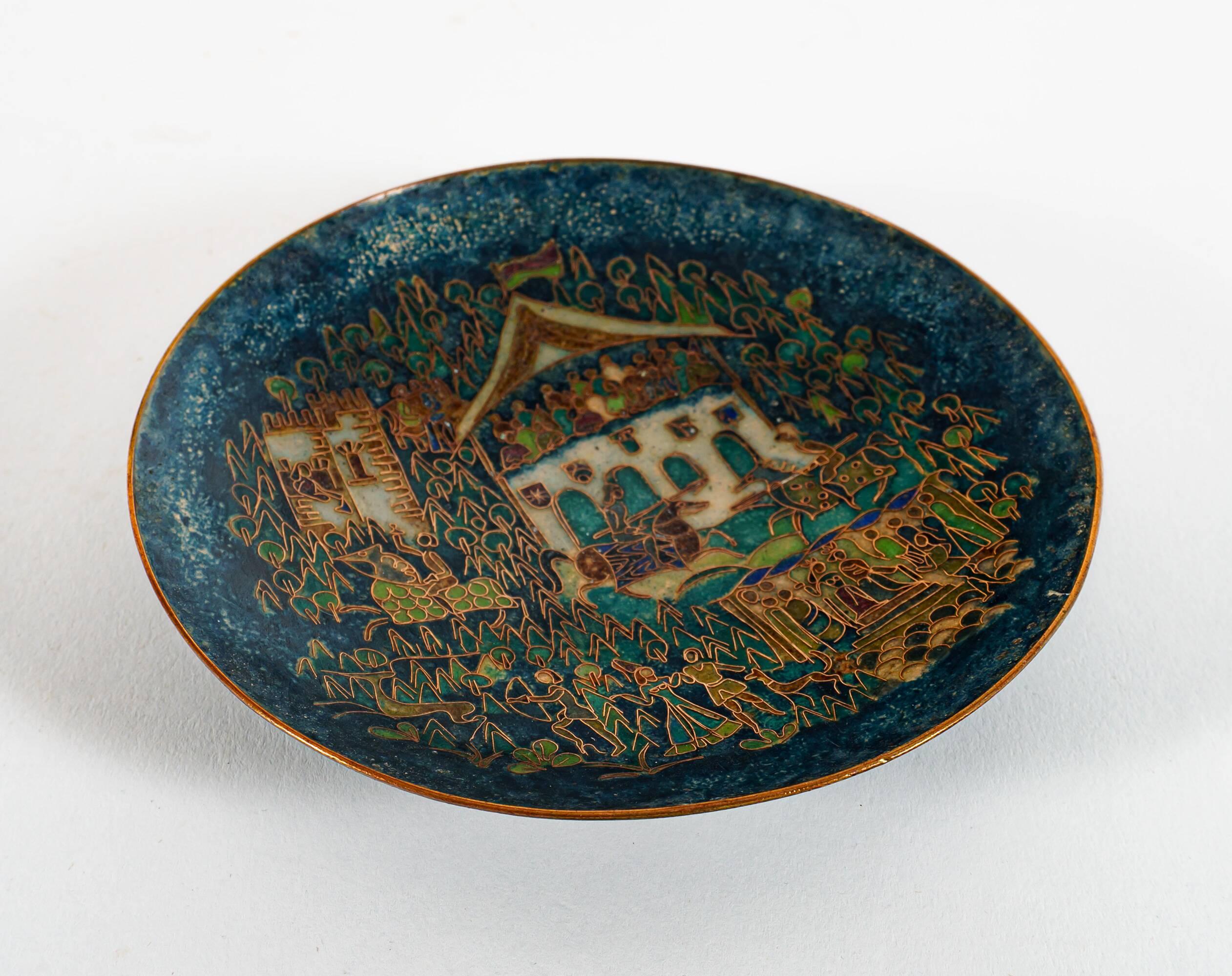1970s Walter Lochmuller Fine Abstract Cloisonne Blue Enamel Dish