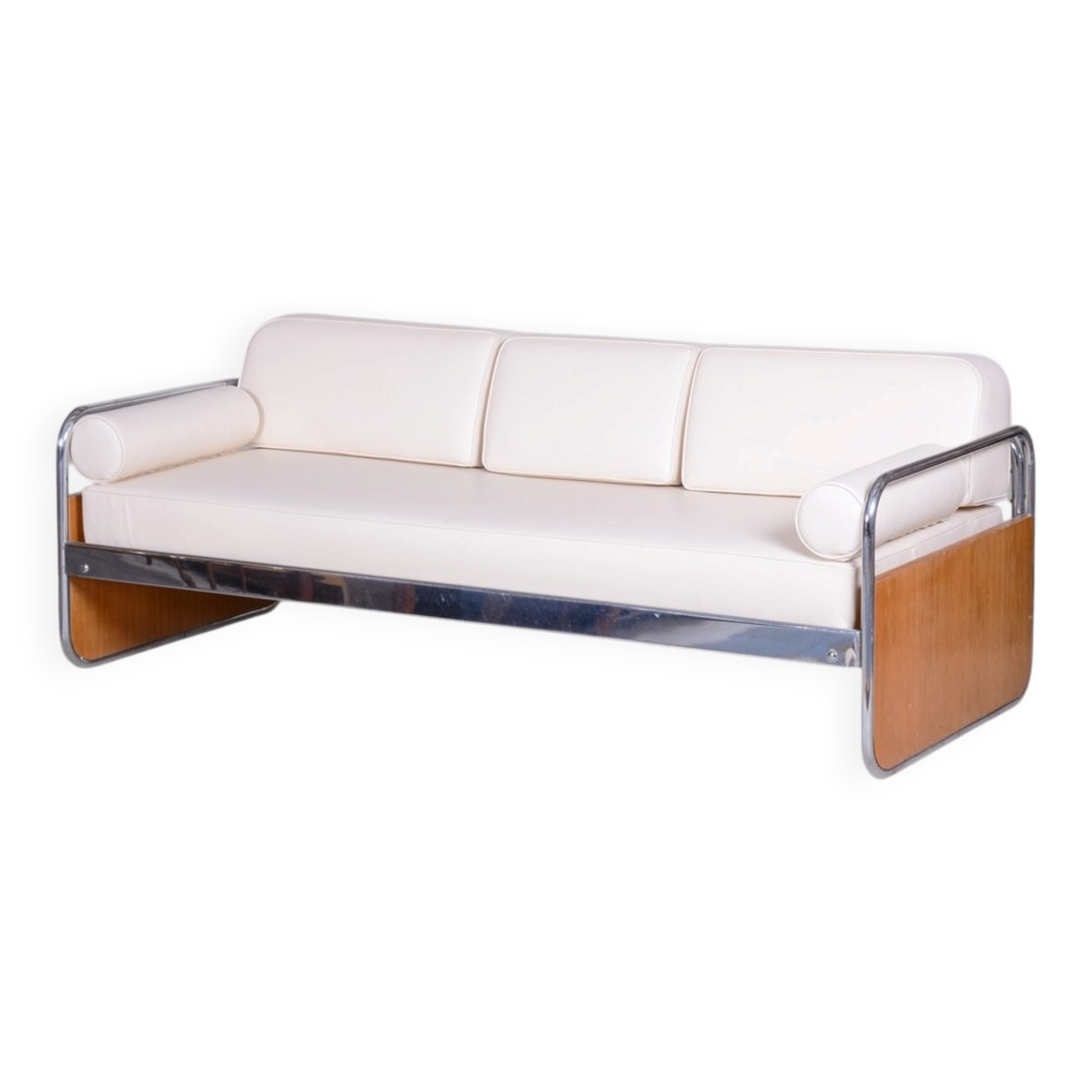 Bauhaus Tubular Sofa in Oak, Chrome-Plated Steel & High Quality Leather attributed to Hynek Gottwald, Czech, 1930s