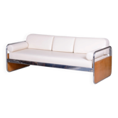 Bauhaus Tubular Sofa in Oak, Chrome-Plated Steel & High Quality Leather attributed to Hynek Gottwald, Czech, 1930s