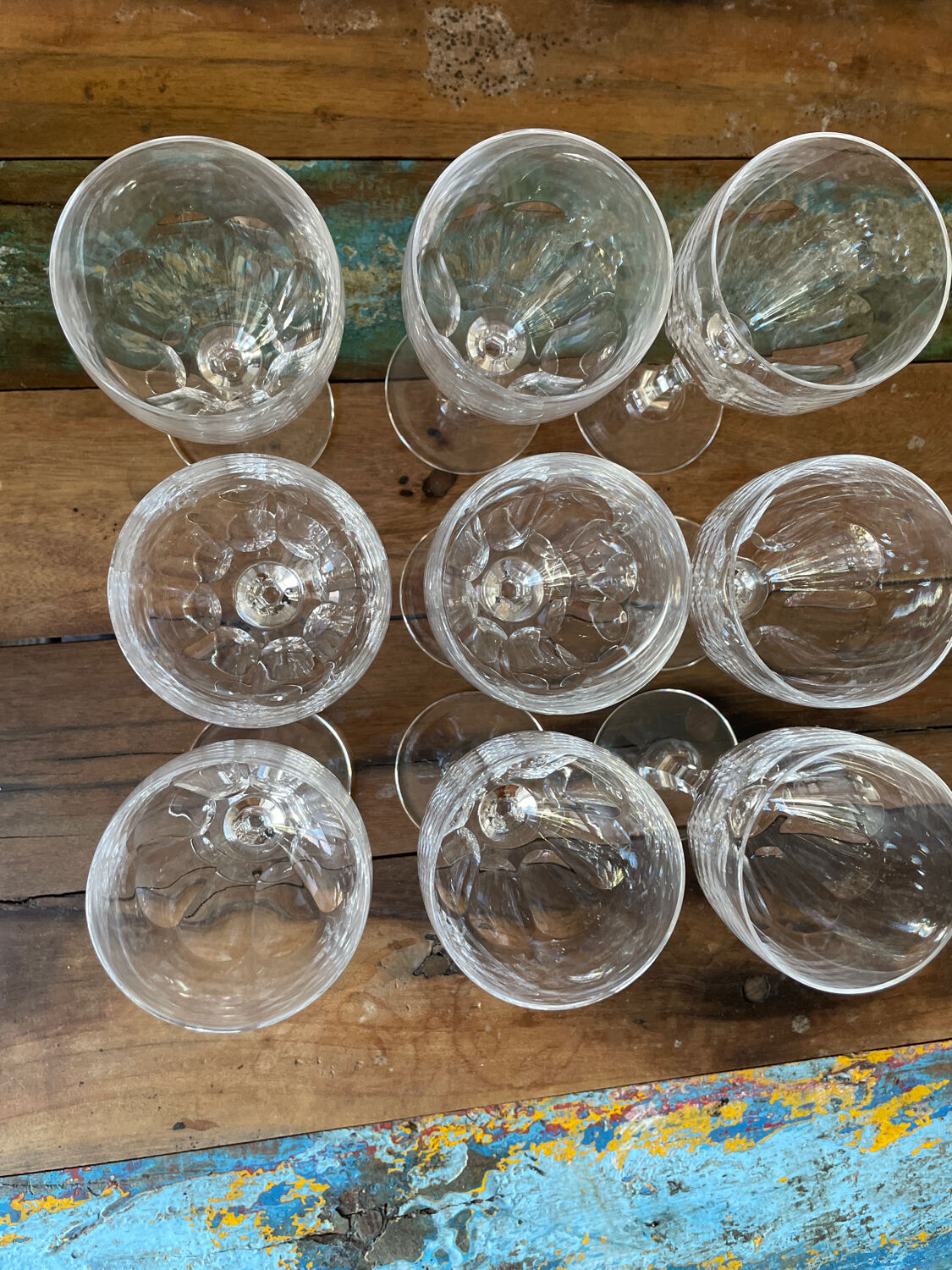 Set of nine cut crystal water glasses