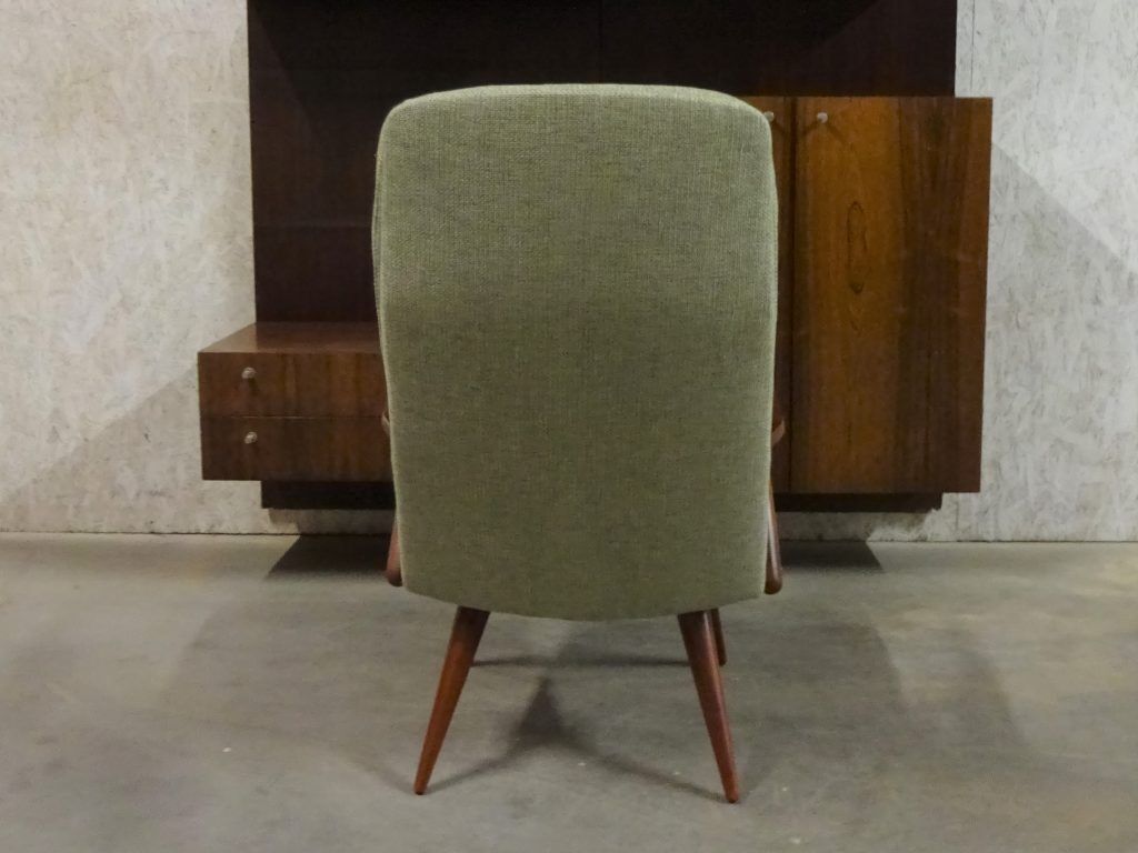 Teak armchair colored by Cor Alons for Firma C. Den Boer Gouda covered with green fabric Reseda mixture