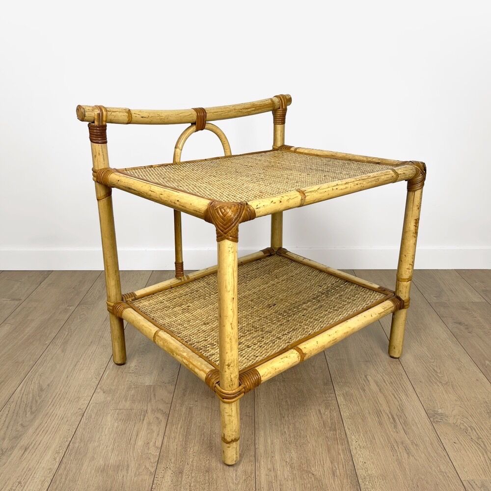Vintage bamboo and woven straw side table