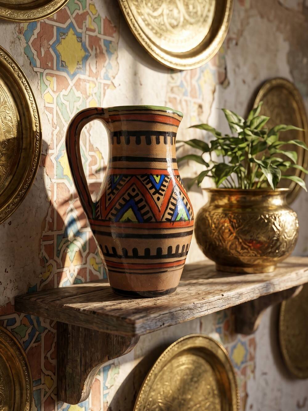 Small Moroccan jug in glazed terracotta, signed, Berber decoration, 20th century.