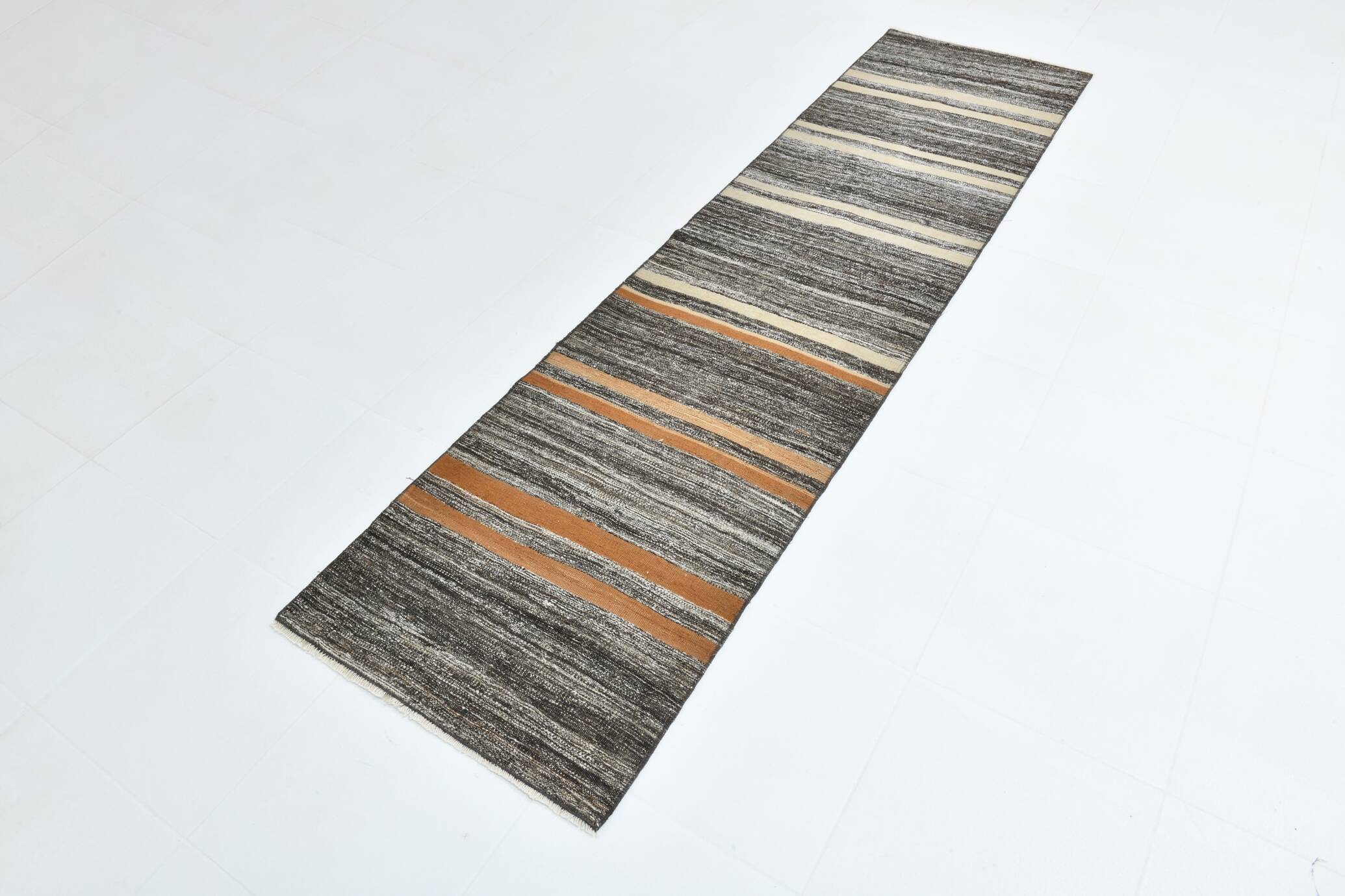 Tapis de couloir Kilim rayé marron crème 2x9, tapis de cuisine, 69x272 cm