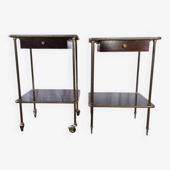 Pair of bedside tables, 1950s, gold metal and formica