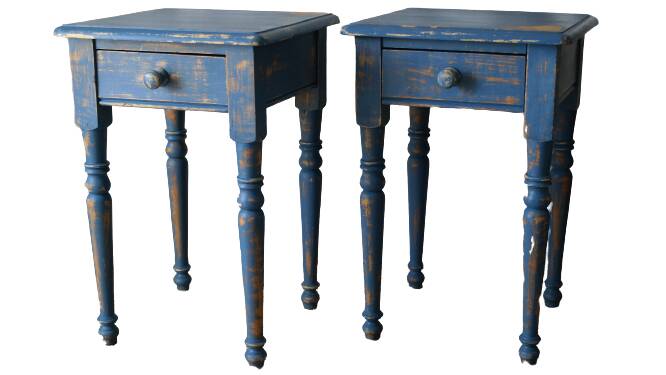 Pair of vintage country bedside tables with blue patina