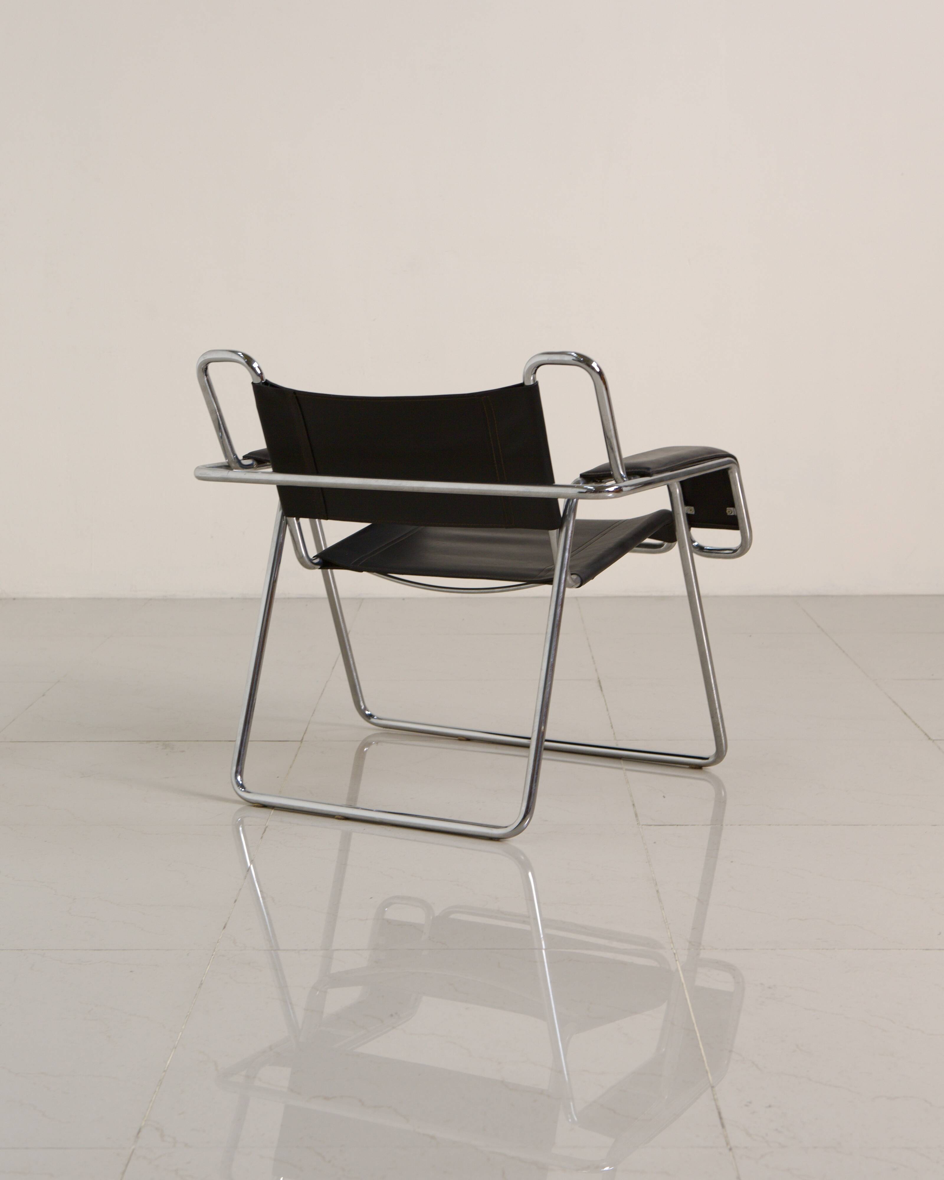 Metal and black leather armchair by Gastone Rinaldi for Thema 80's