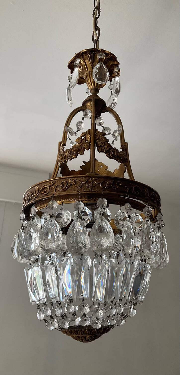 Old bronze basket chandelier with tassels