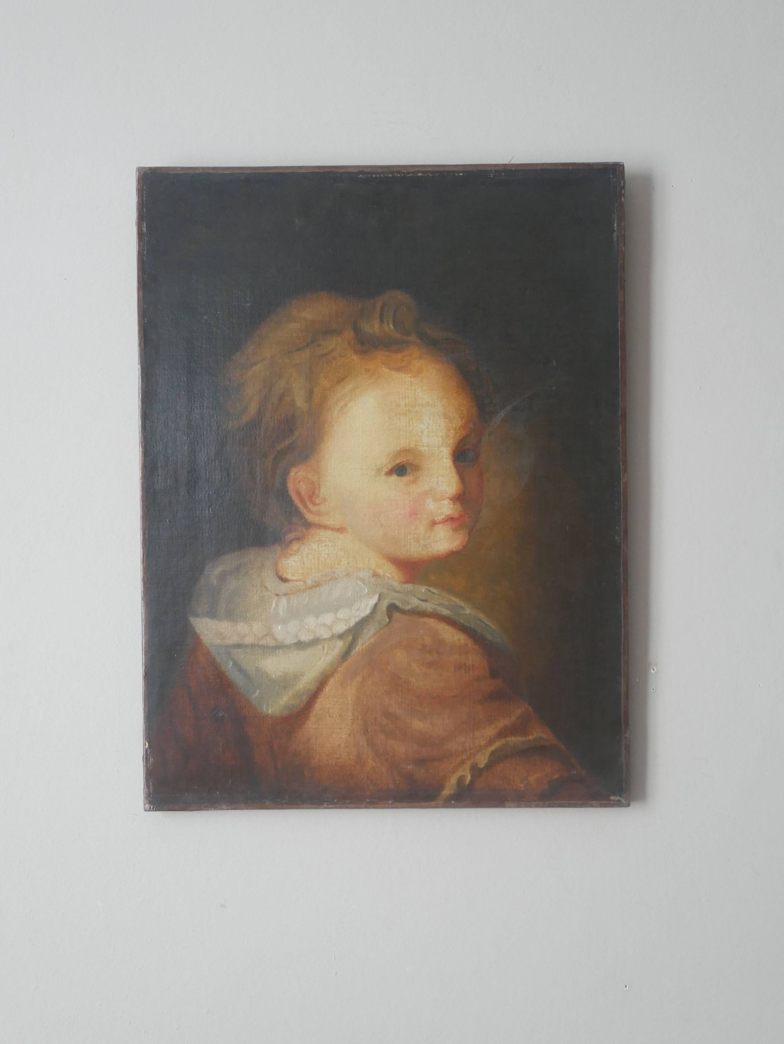 Old oil painting on canvas, countryside decoration, child portrait