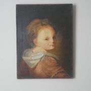 Old oil painting on canvas, countryside decoration, child portrait