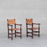 Pair of mid-century oak and rush french armchairs