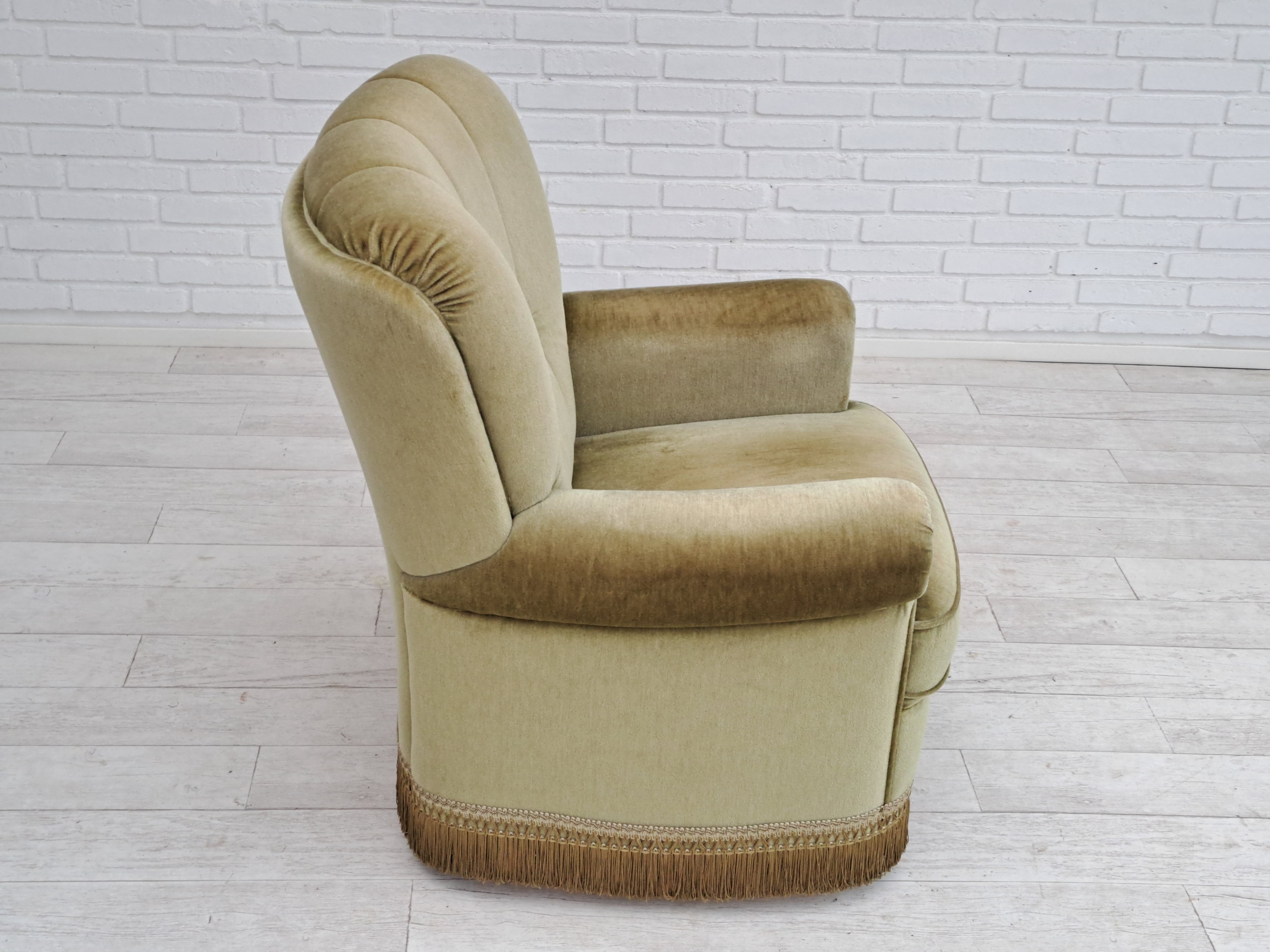 Danish velour armchair, original condition, beech wood, 80s