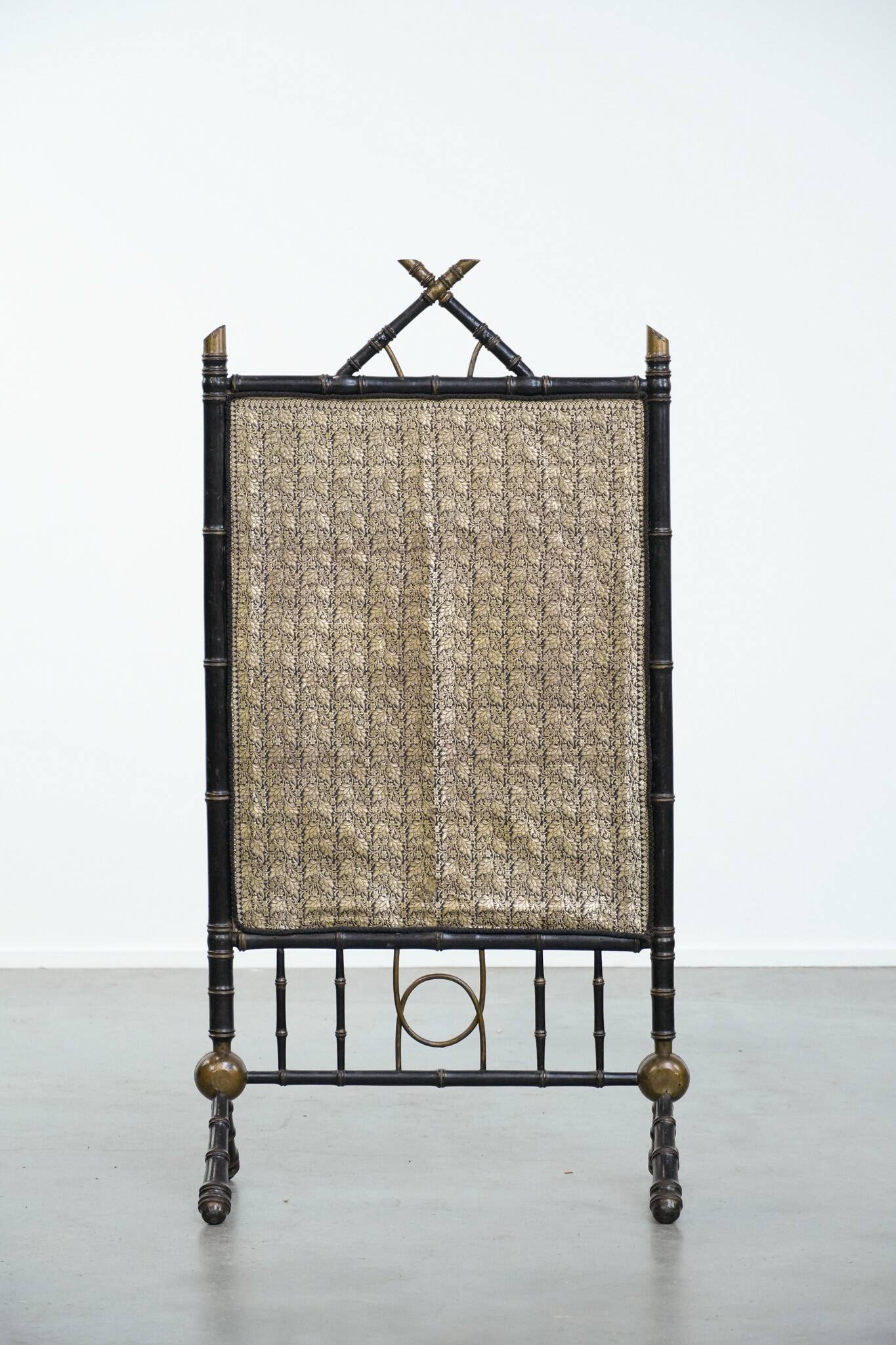 Antique French faux bamboo firescreen with luxurious fabric