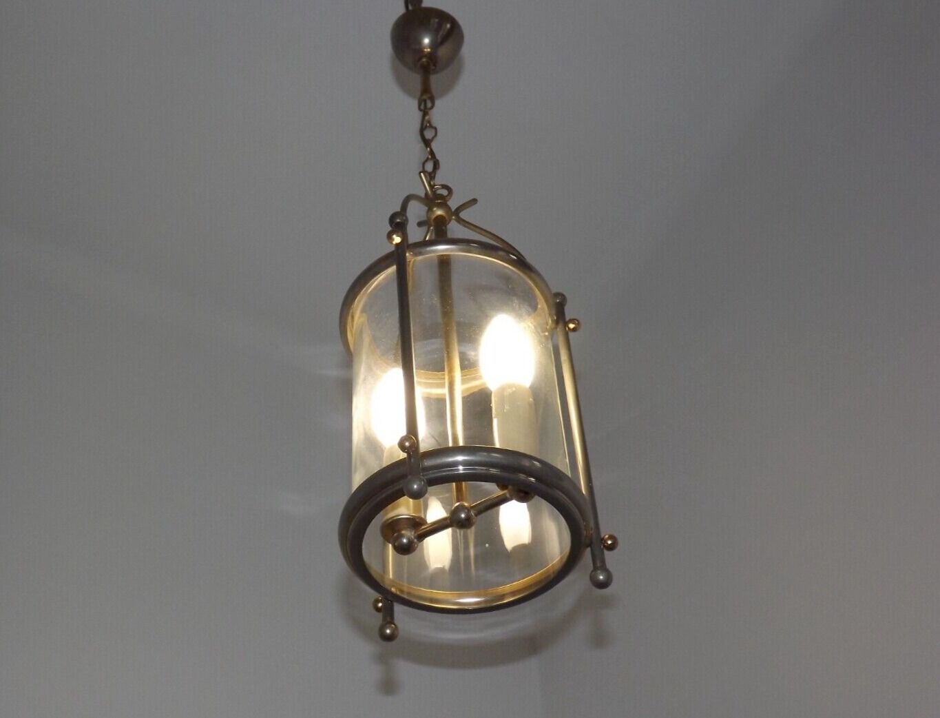 French vintage silver finished brass cylindrical glass 2 light hall lantern 3929