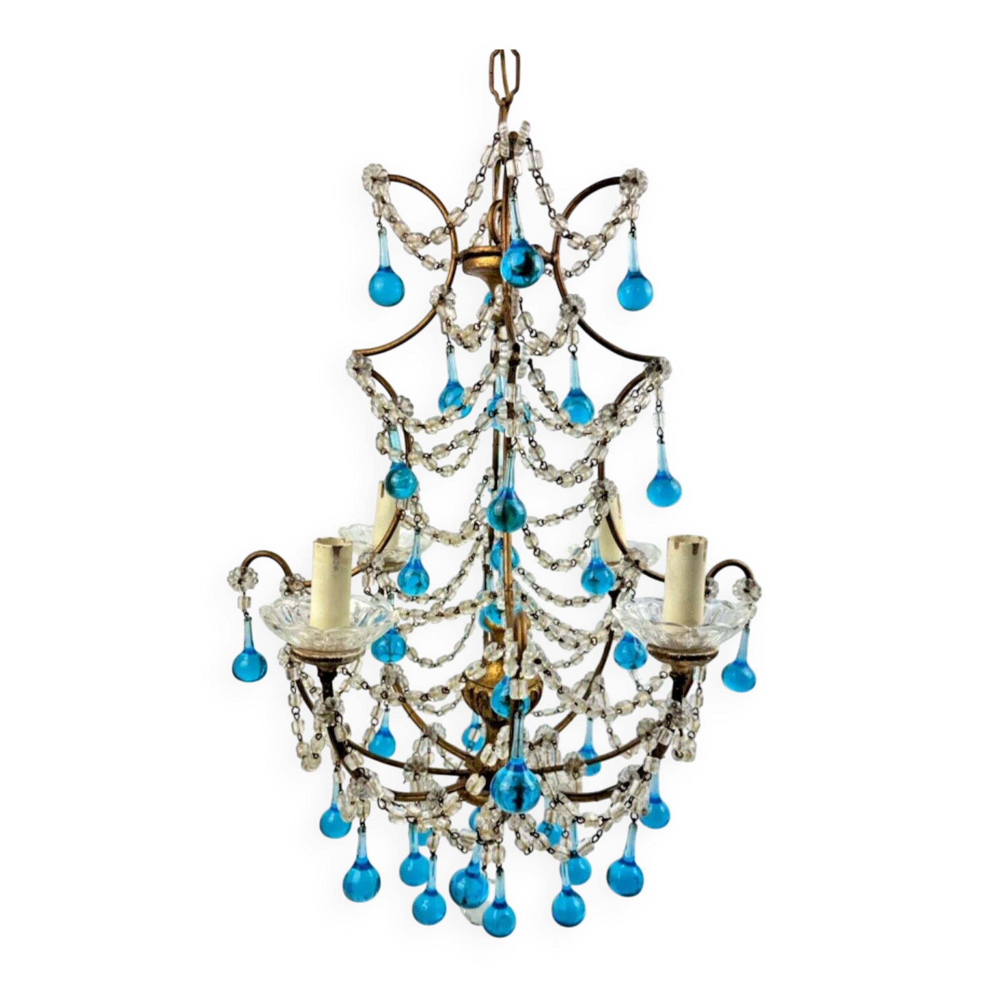 Italian chandelier with blue beads and gilded wood.