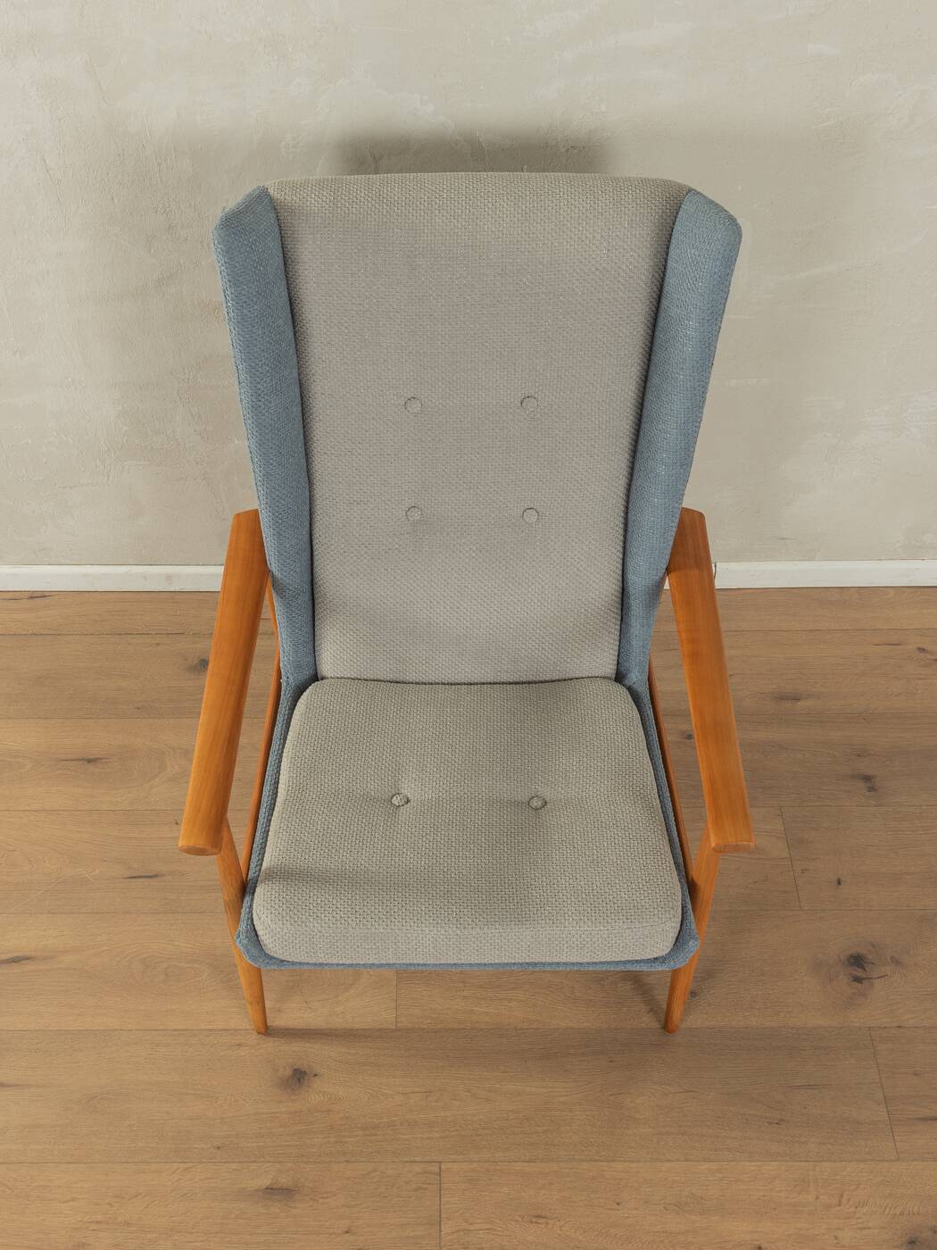 1950s wingback armchair in two-tone look, cherry wood, newly upholstered