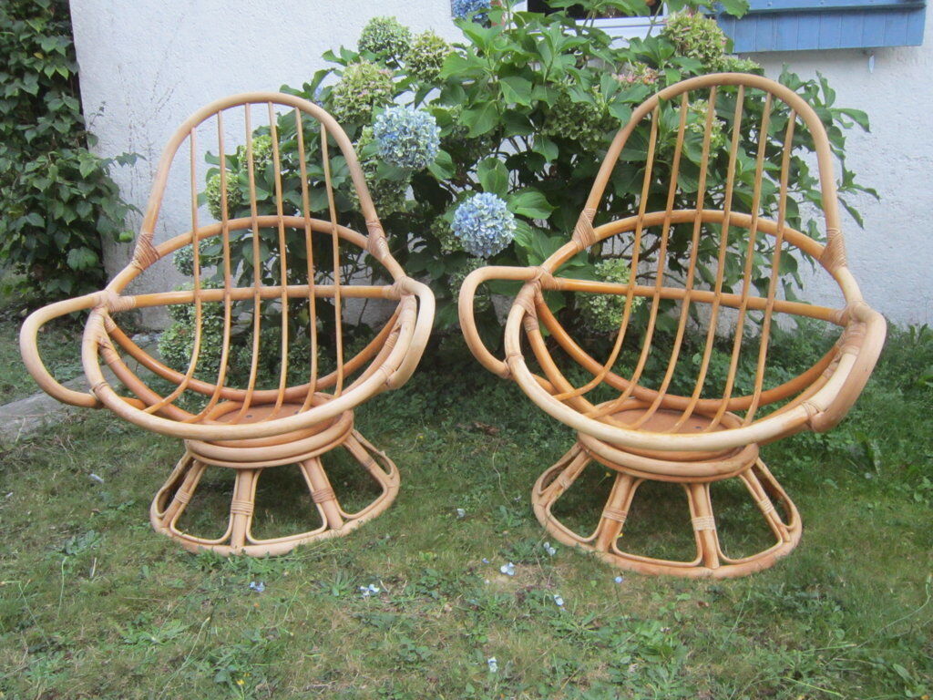 Pair of egg rattan armchairs