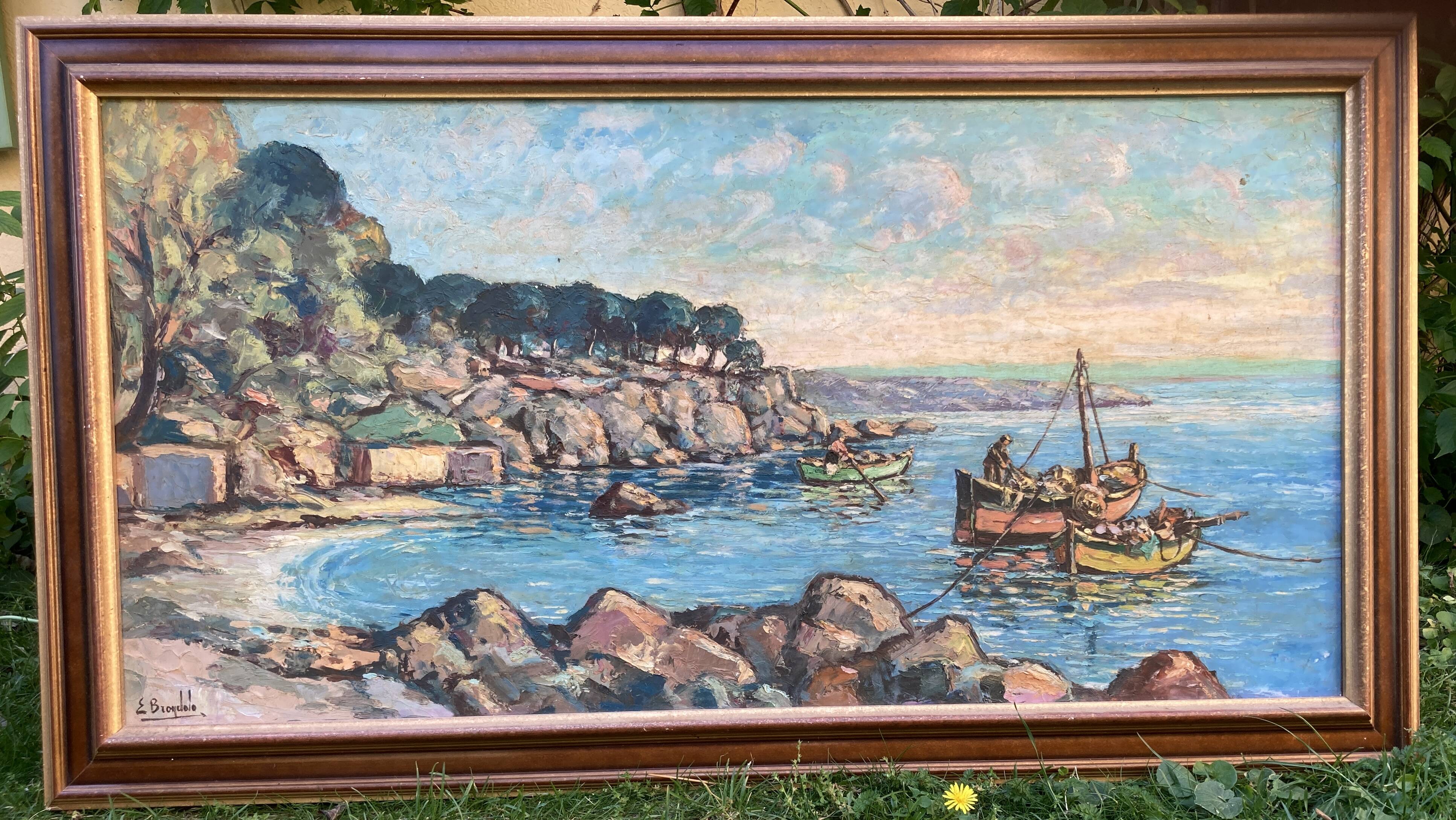 Tableau, Marine bateaux et côte rocheuse en Méditerranée
