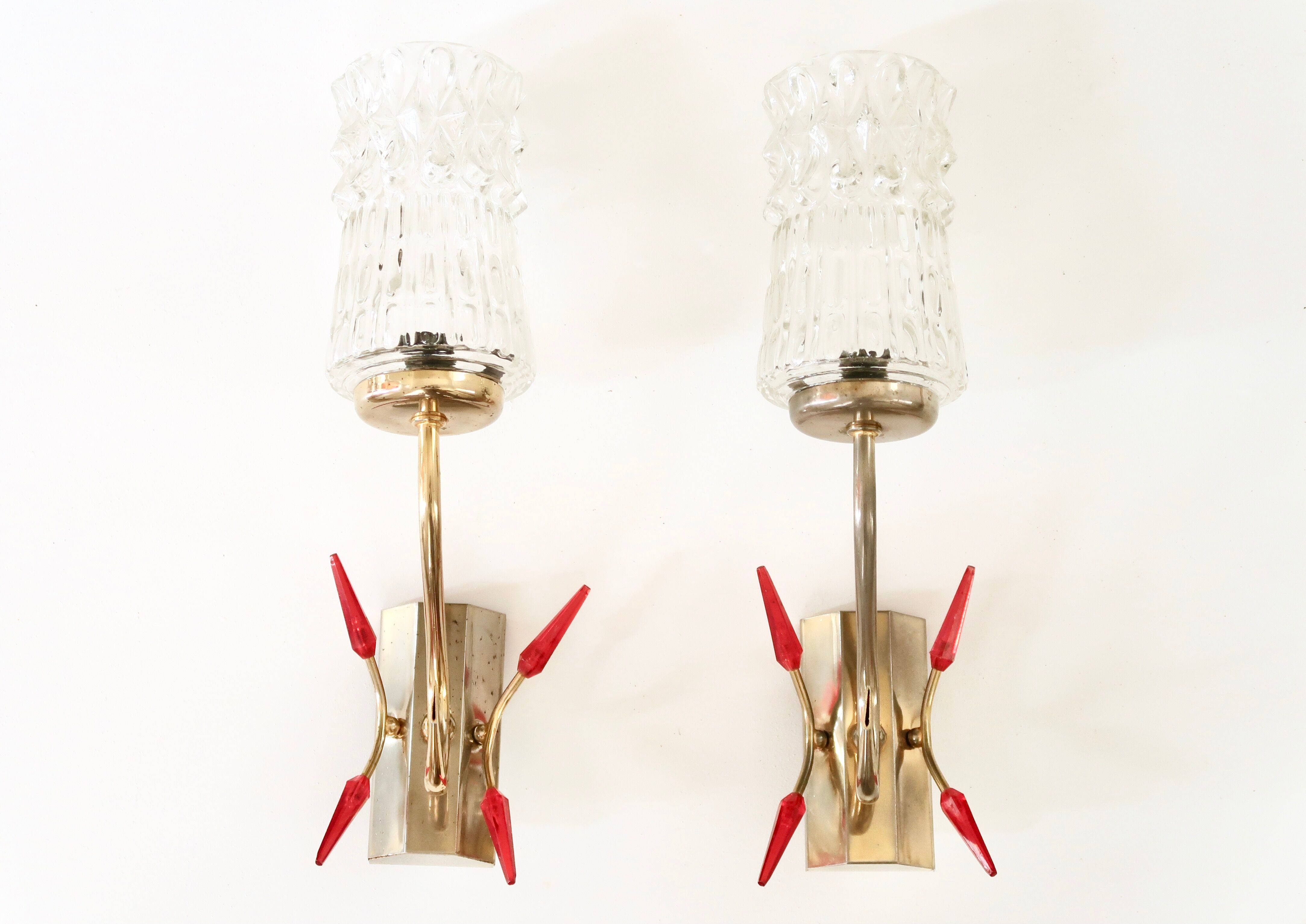Pair of gold metal and glass sconces, 50s