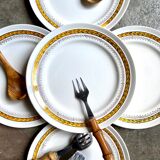 5 assiettes plates St Amand en faïence jaune et dorée