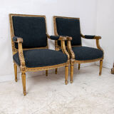 Pair of 19th century Louis XVI gilt armchairs newly re upholstered in holland and sherry fabric