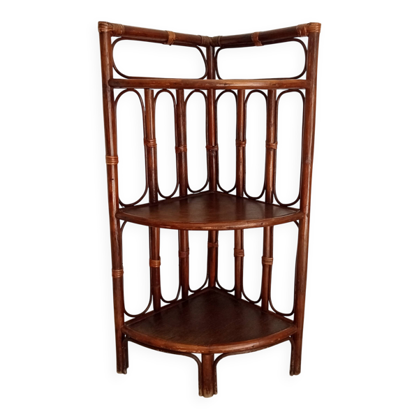 Étagère d' angle vintage bambou et rotin années 70