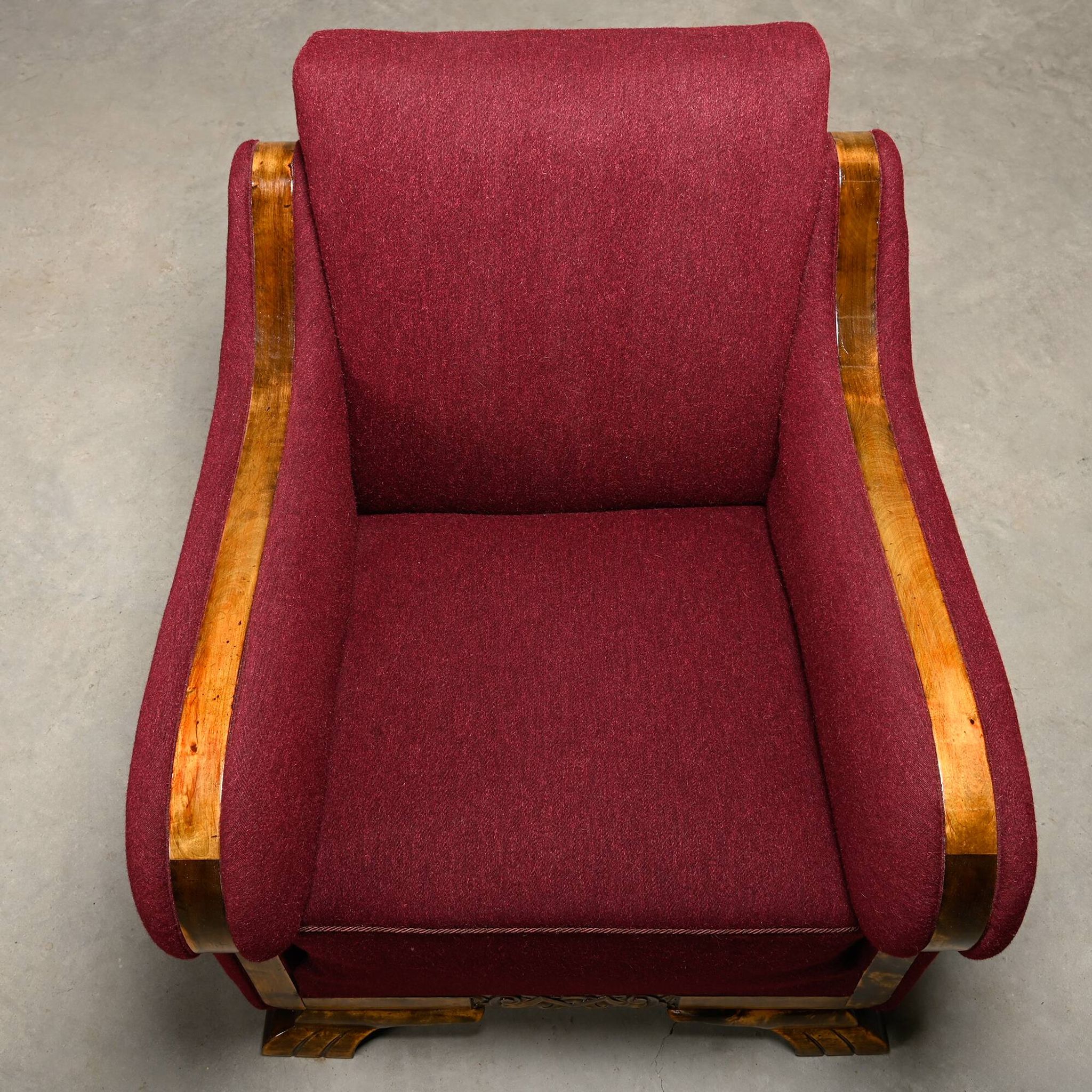 Pair Danish cabinetmaker Art Deco Armchairs in burgundy wool fabric