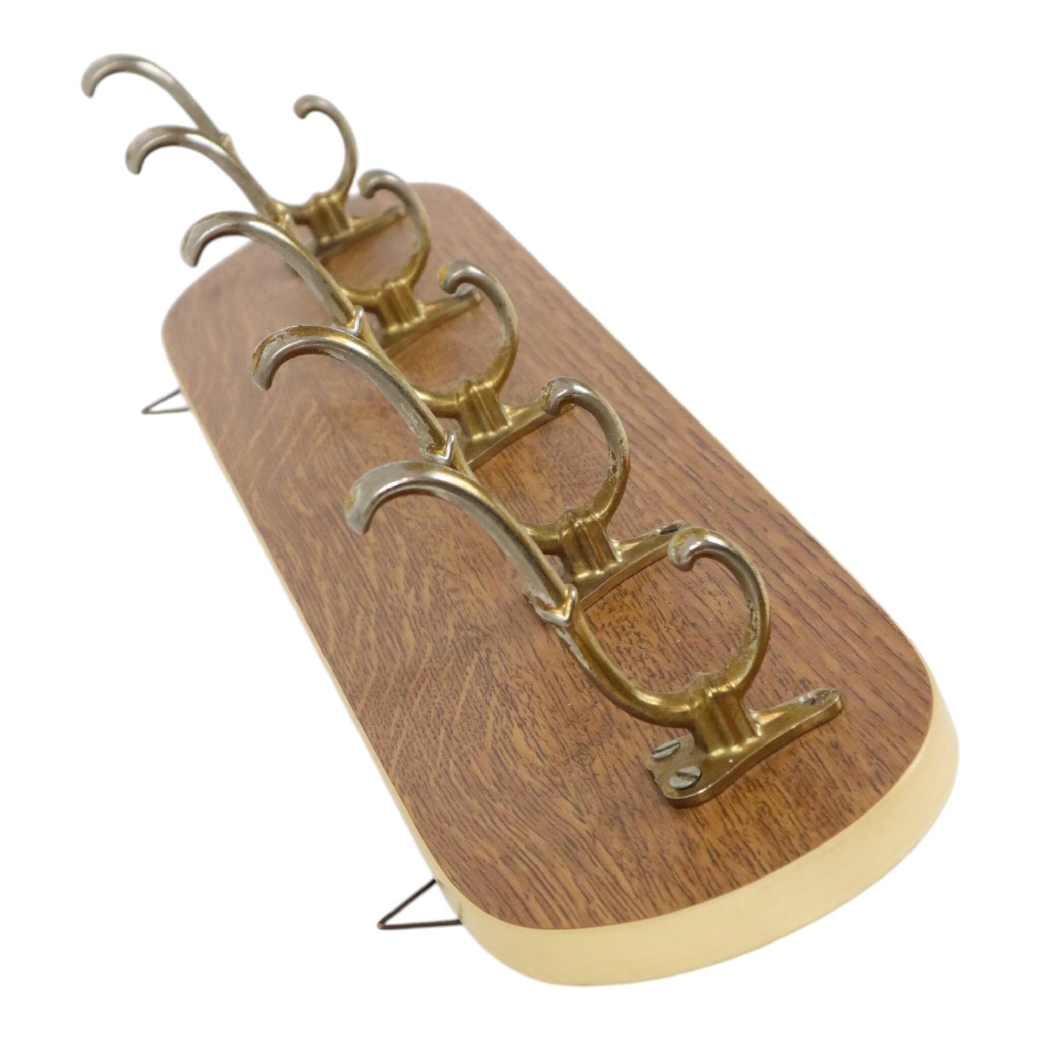 Vintage Rockabilly Coat Rack, 1950s Design, Wood Veneer, Gold
