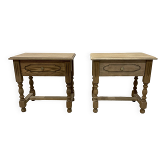 pair of raw wood bedside table